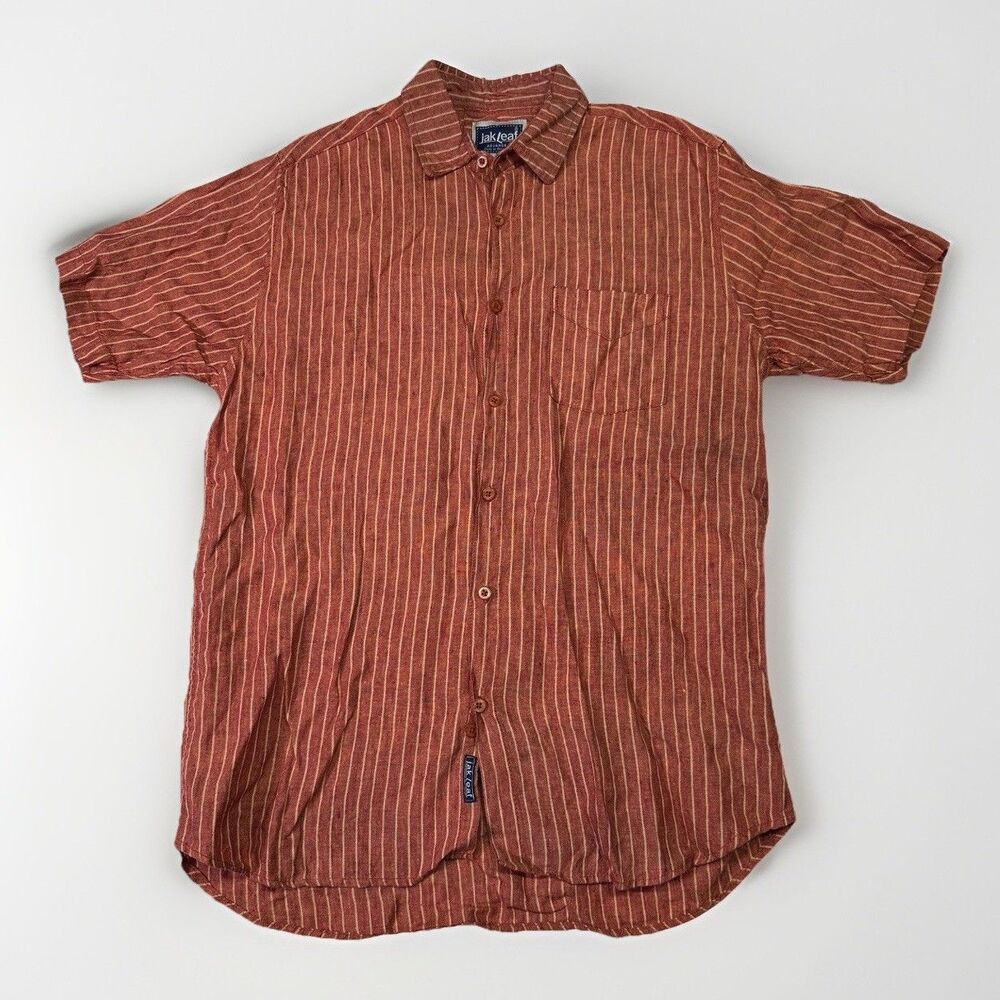 * Jak Leaf 100% Linen Shirt Orange Red Striped Button Up Short Sleeve Size S/M